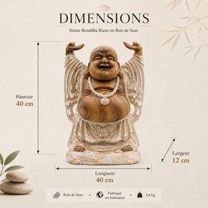 Dimensions de la statue Budai en bois de Suar – 40 x 40 x 12 cm