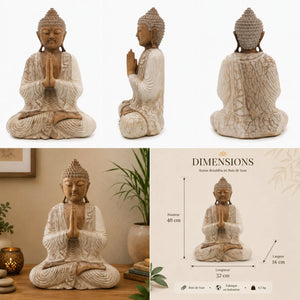 Statue Bouddha Namasté aux mains jointes en bois de Suar – 40 cm