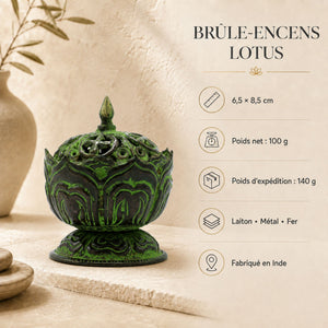 Dimensions du brûleur d’encens lotus tibétain en laiton vert-de-gris : 6,5 × 8,5 cm