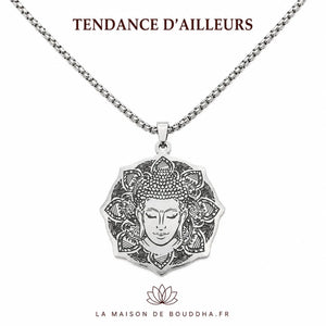 Collier zen Bouddha argenté avec pendentif floral style mandala La Maison de Bouddha