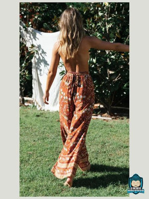 Ensemble-Fleuri-Femme-Pantalon-Orange-a-fleurs-blanches-coton-et-fibre-synthetique-ceinture-en-tissu-nouee-tenue-ete-La-Maison-de-Bouddha