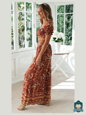 Ensemble-Fleuri-Femme-Pantalon-Orange-a-fleurs-blanches-et-haut-court-a-manches-courtes-froncees-decollete-rectangulaire-coton-et-fibre-synthetique-ceinture-en-tissu-pantalon-large