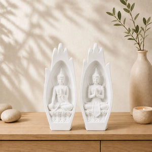 Paire de mains de Bouddha en résine blanche de 21 cm dans une décoration intérieure zen