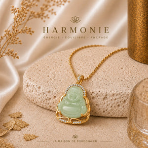 Pendentif Bouddha Chinois Jade Vert Clair et Or La Maison de Bouddha