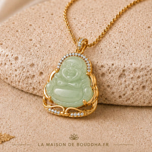 Pendentif Bouddha Chinois Jade Vert Clair et Or La Maison de Bouddha