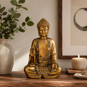 Statue Bouddha Abhaya Mudra Dorée en Résine statue bouddhiste en résine La Maison de Bouddha