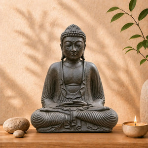 Statue Bouddha Assis Brun Antique en Béton – 42 cm La Maison de Bouddha