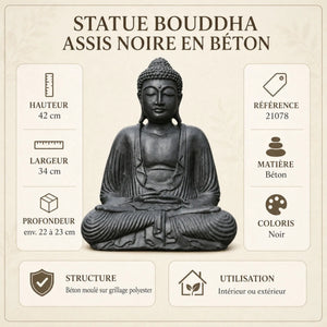 Statue Bouddha Assis Noire en Béton – 42 cm La Maison de Bouddha