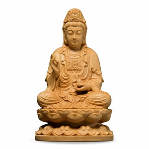 Statue Guanyin Assise sur Lotus en Bois de Buis Sculpture en bois Bouddha Guanyin La Maison de Bouddha