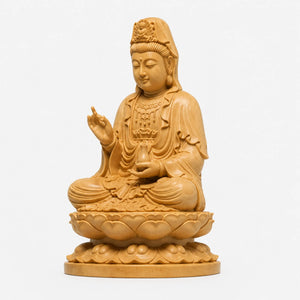 Statue Guanyin Assise sur Lotus en Bois de Buis Sculpture en bois Bouddha Guanyin La Maison de Bouddha