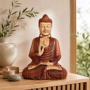 Statue Bouddha assis Vitarka Mudra en bois de Suar sculptée à la main de 60 cm dans une décoration intérieure