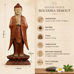 Dimensions et caractéristiques de la statue Bouddha debout Namasté en bois de Suar de 100 cm