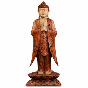 Statue Bouddha debout Namasté en bois de Suar sculptée à la main de 100 cm sur fond blanc