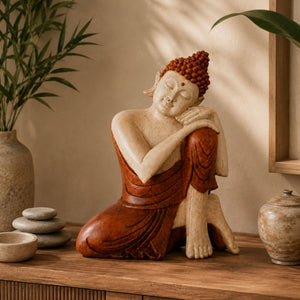 Statue Bouddha pensif en bois de Suar sculptée à la main de 25 cm dans une décoration intérieure zen
