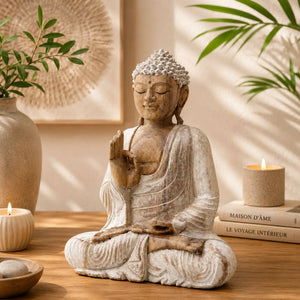 Statue Bouddha assis Vitarka Mudra en bois de Suar blanchi de 30 cm dans une décoration intérieure