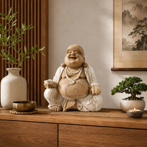 Statue Budai en bois de Suar blanchi présentée dans une décoration intérieure