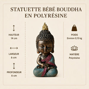 Infographie de la statuette Bébé Bouddha en polyrésine avec dimensions 6 × 6 × 14 cm et poids de 0,15 kg