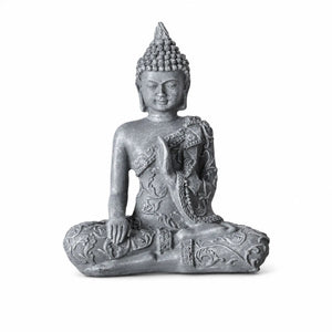 Statuette Bouddha assis en résine grise effet pierre de 12 cm sur fond blanc