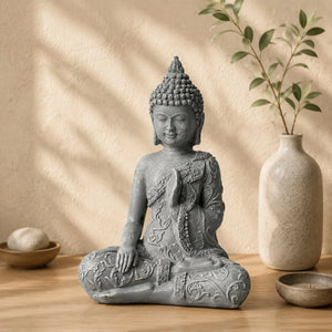 Vue de trois quarts de la statuette Bouddha assis en résine grise dans un décor zen naturel