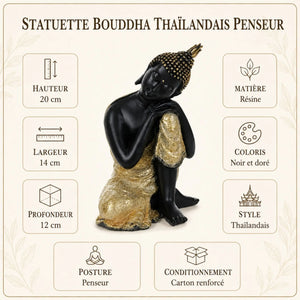 Statuette Bouddha Thaïlandais Penseur Noir et Or – 20 cm La Maison de Bouddha