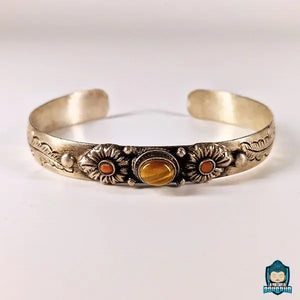 Bracelet Jonc Tibetain en cuivre blanc et Oeil de Tigre Naturelle
