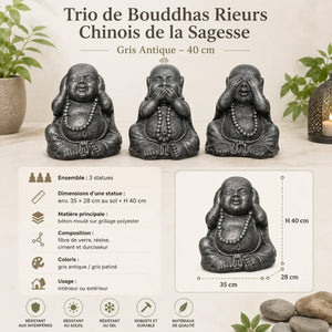 Caractéristiques du Trio de Bouddhas Rieurs Chinois de la Sagesse gris antique 40 cm avec dimensions, matière et usage