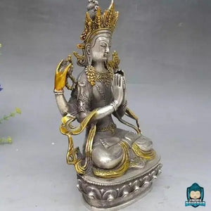 Statuette Bouddha Tara en Cuivre Blanc Assis en Position du Lotus