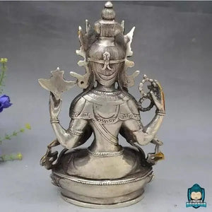 Statuette Bouddha Tara en Cuivre Blanc Assis en Position du Lotus
