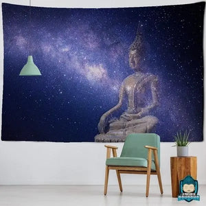 Tapisserie-Murale-Bouddha-Nuit-tenture-en-polyester-illustration-Bouddha-assis-ciel-decor-bleu-nuit-ciel-etoile-voie-lactee