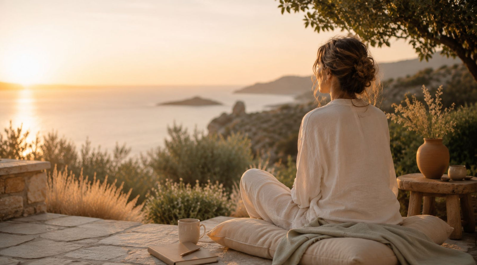 Femme assise face à la mer au coucher du soleil pour un rituel de fin d’été et une transition intérieure apaisée