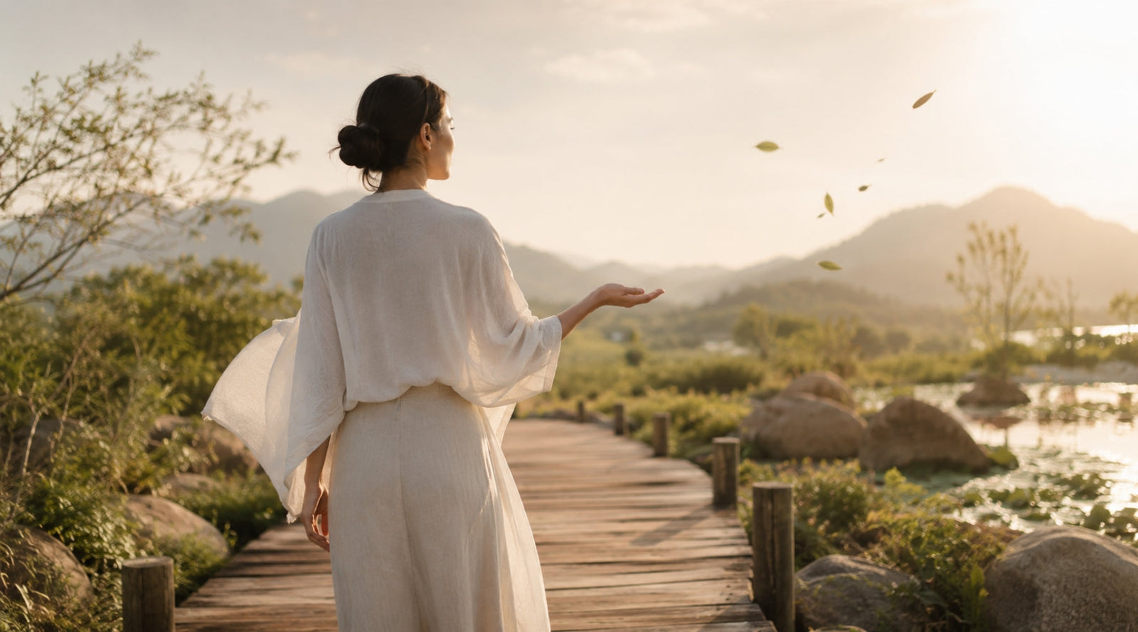 Femme en tenue blanche, de dos sur un ponton en bois, ouvrant la main face à un paysage lumineux de montagnes et de nature, symbole du lâcher-prise.