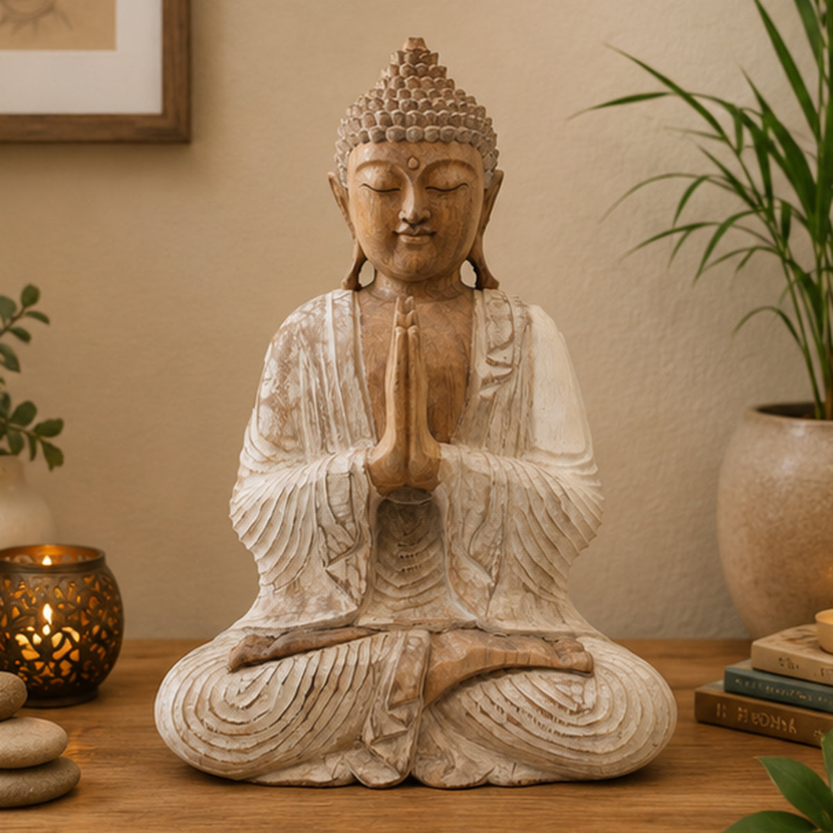 Statue Bouddha Namasté en bois de Suar de 40 cm en décoration intérieure