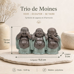 Dimensions du trio de Bouddhas rieurs de la sagesse – hauteur 9 cm et largeur 5 cm  sur 15 cm de long