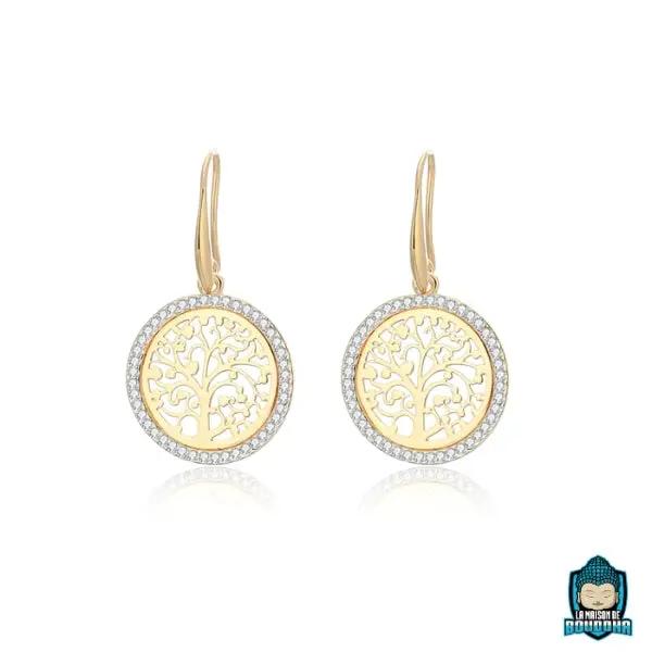 Boucles d'oreilles Arbre de Vie Or Jaune Bijou Bouddhiste  La Maison de Bouddha