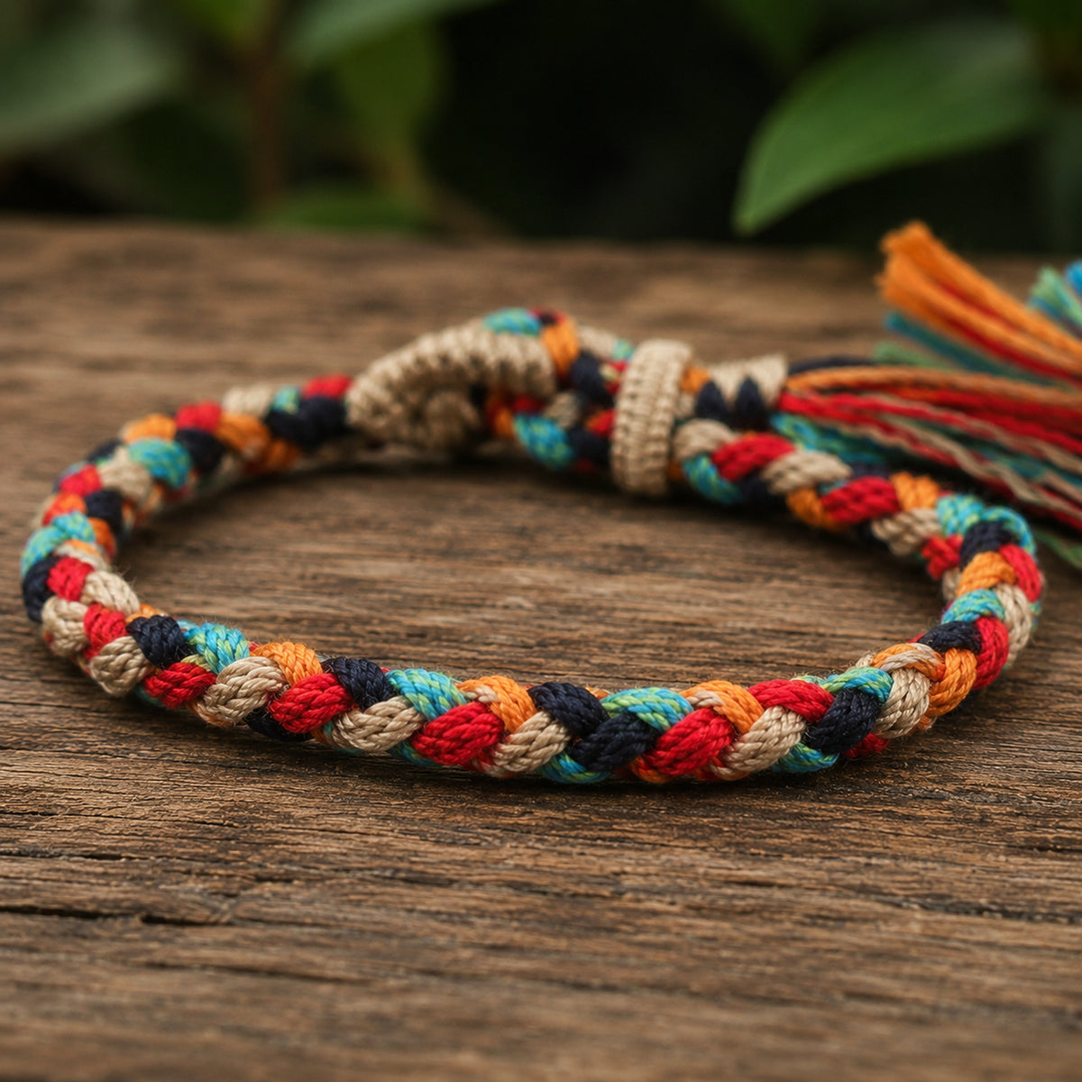 Bracelet Tibétain Tressé Multicolore à Pompon