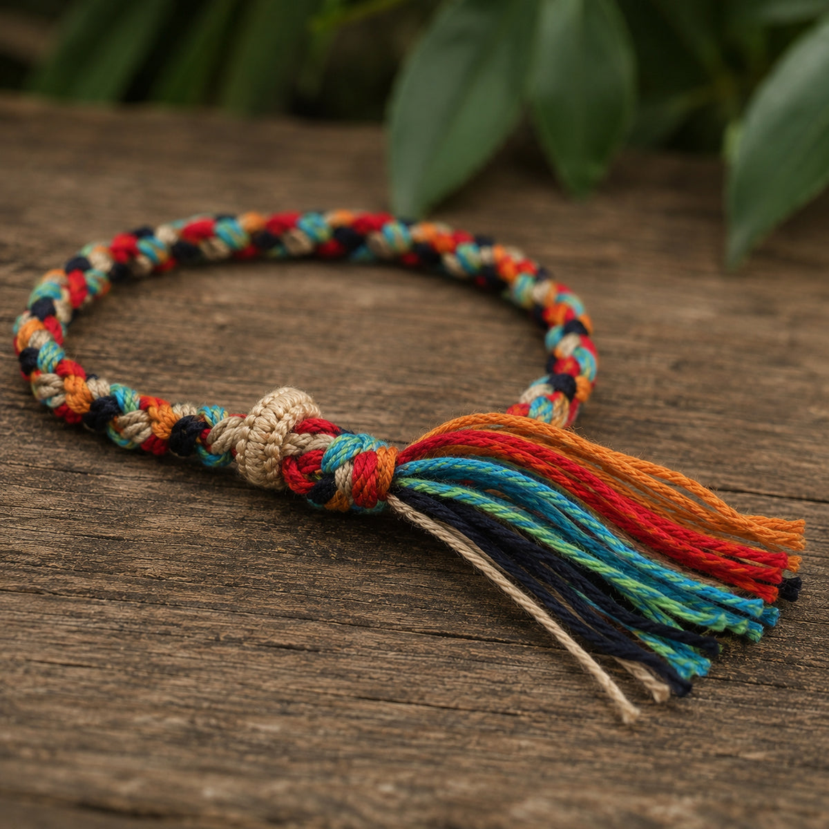 Bracelet Tibétain Tressé Multicolore à Pompon