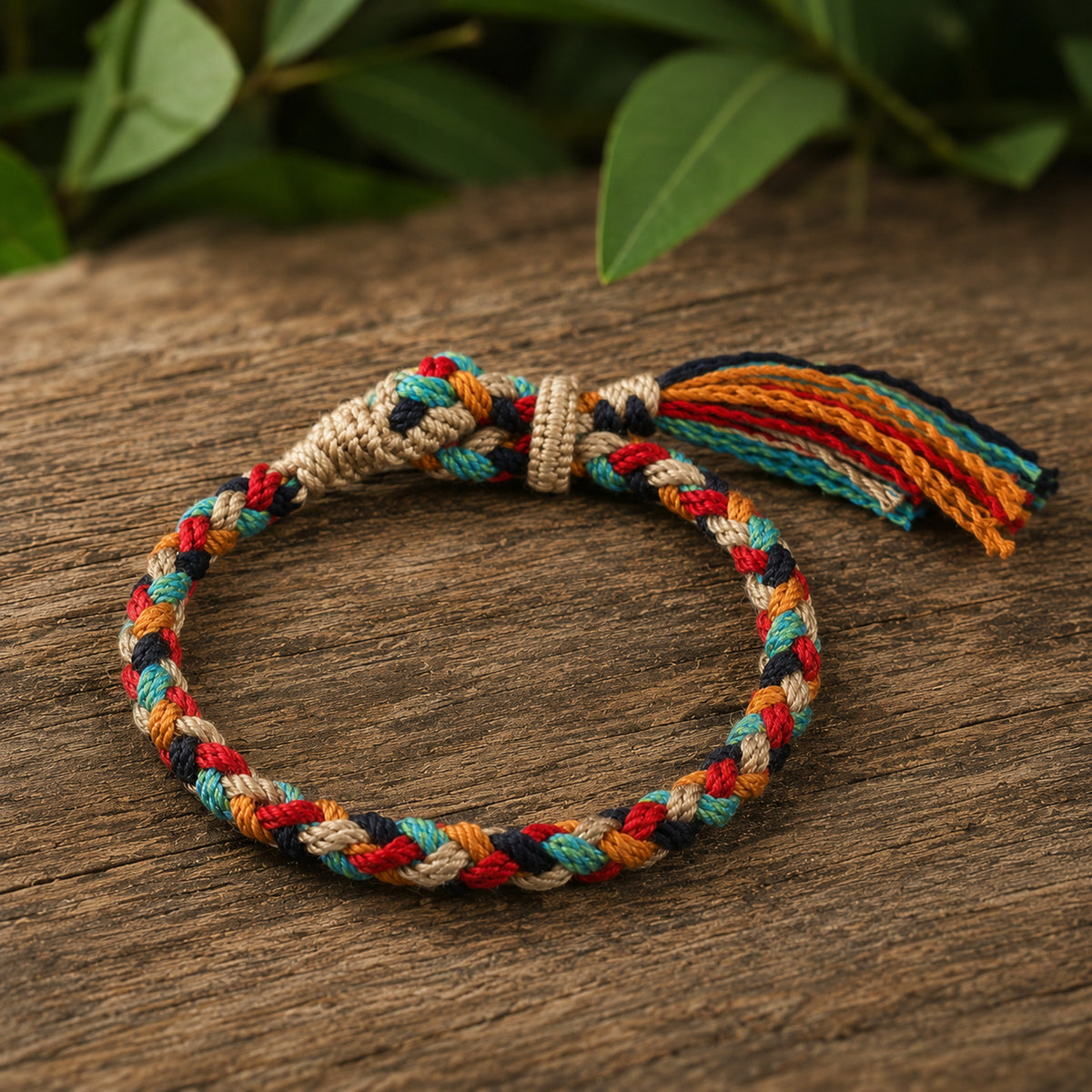 Bracelet Tibétain Tressé Multicolore à Pompon