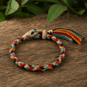 Bracelet Tibétain Tressé Multicolore à Pompon