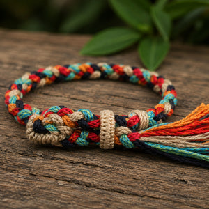 Bracelet Tibétain Tressé Multicolore à Pompon