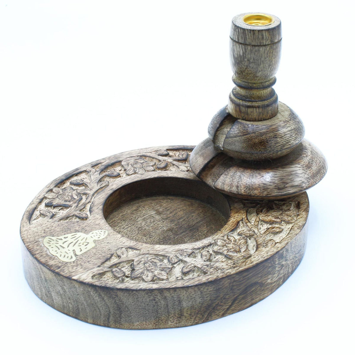 Brûleur d’encens à reflux Bouddha en bois de manguier avec bassin et motifs sculptés