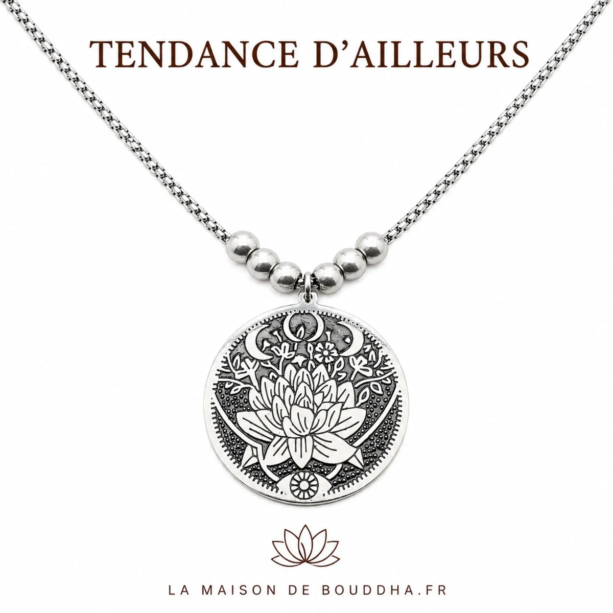 Collier lotus bouddhiste argenté avec chaîne acier inoxydable 50 cm