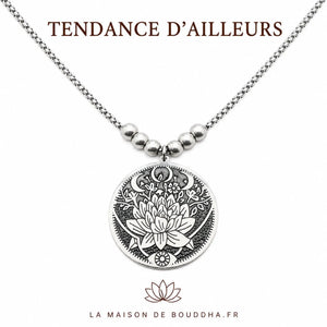 Collier lotus bouddhiste argenté avec chaîne acier inoxydable 50 cm