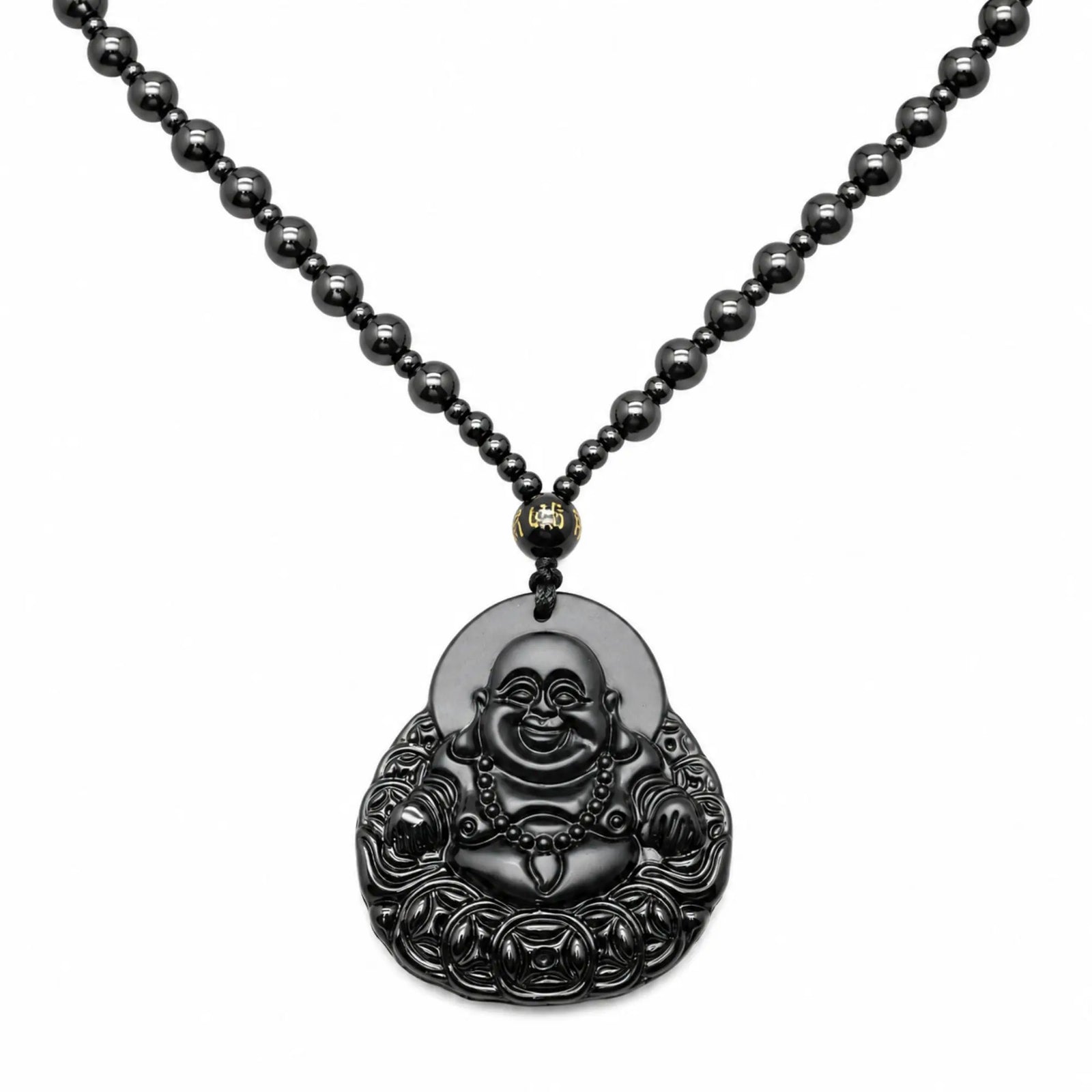 Collier Bouddha rieur noir avec perles mala en obsidienne Colliers La Maison de Bouddha