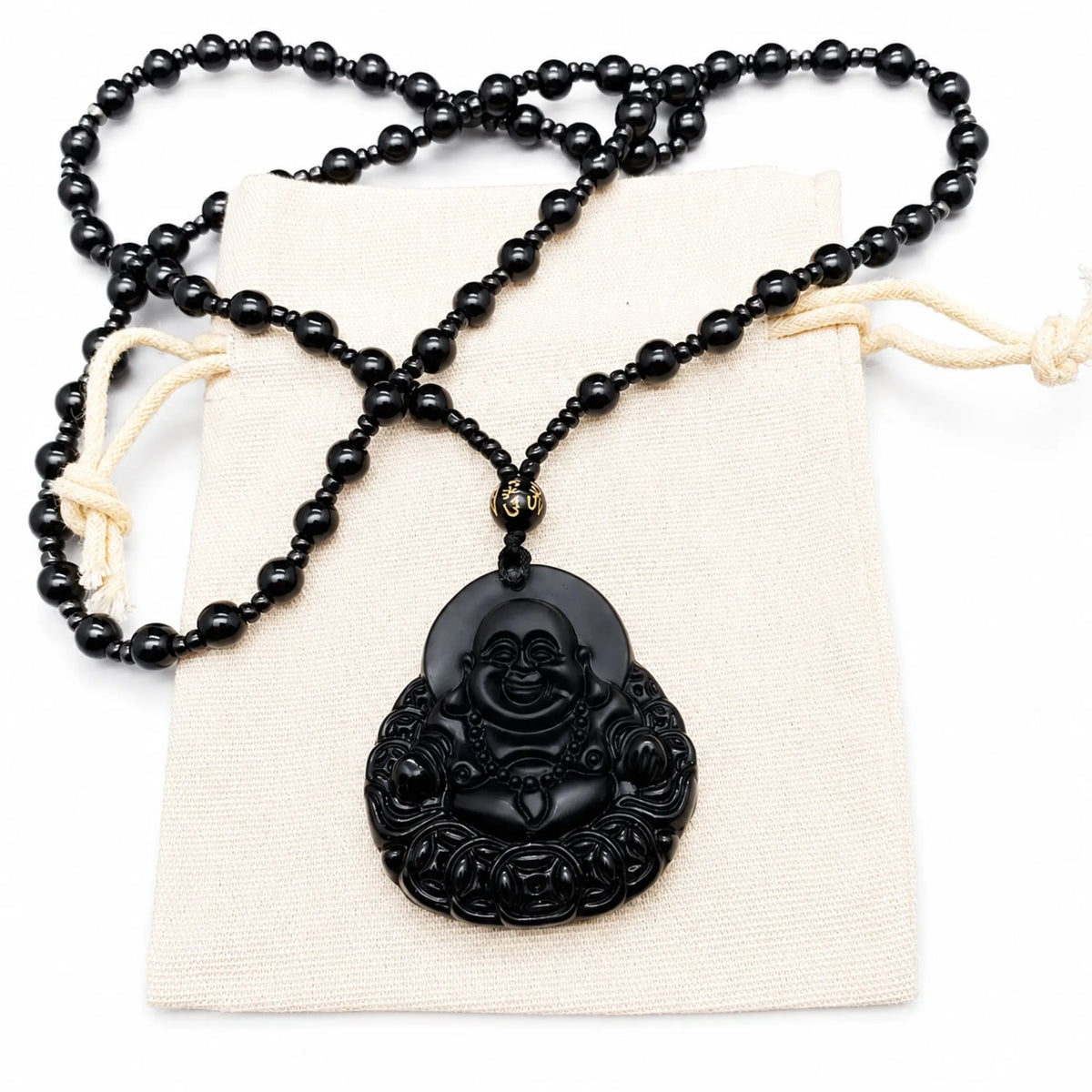 Collier Bouddha rieur noir avec perles mala en obsidienne Colliers La Maison de Bouddha