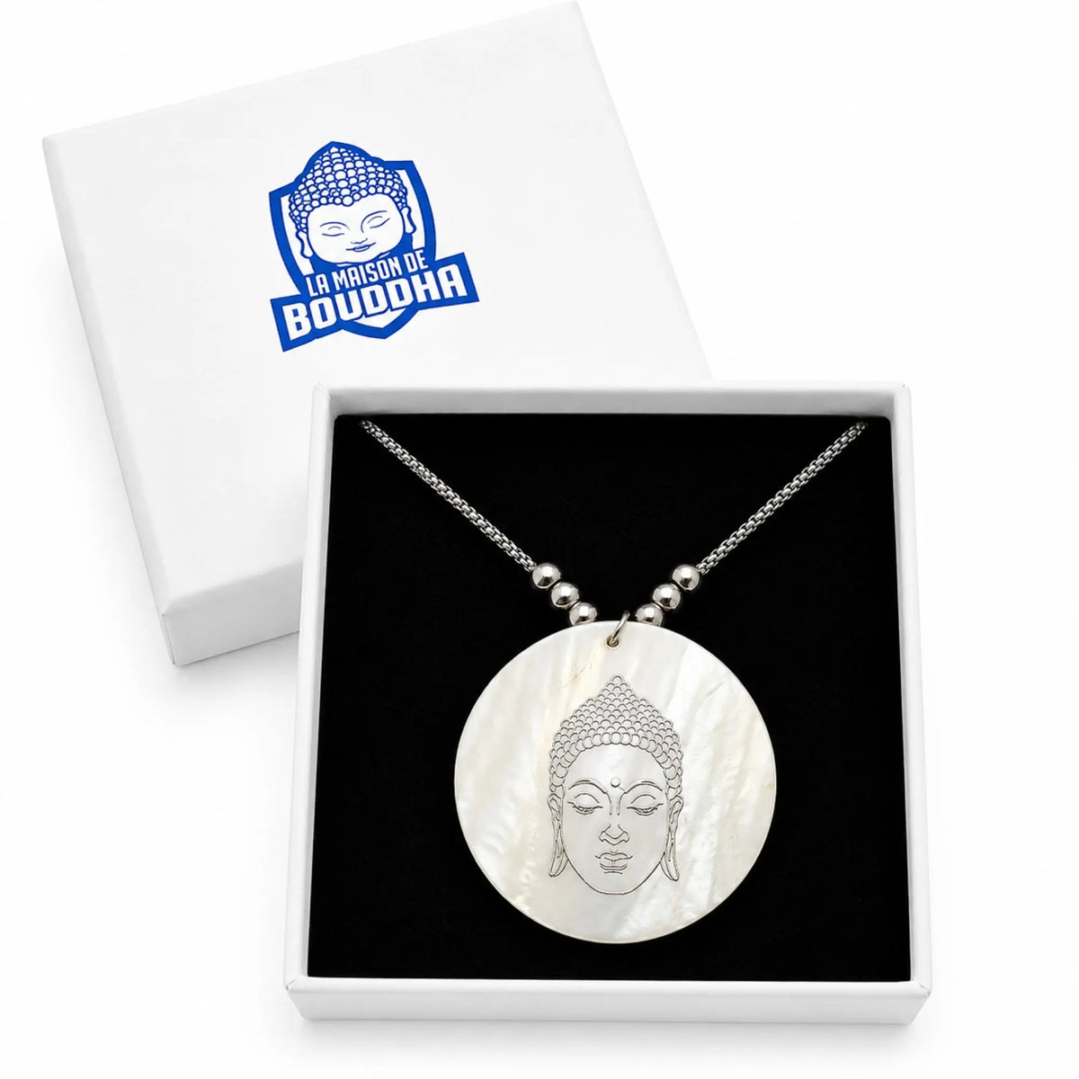 Collier pendentif Bouddha blanc nacré et chaîne argentée minimaliste  La Maison de Bouddha