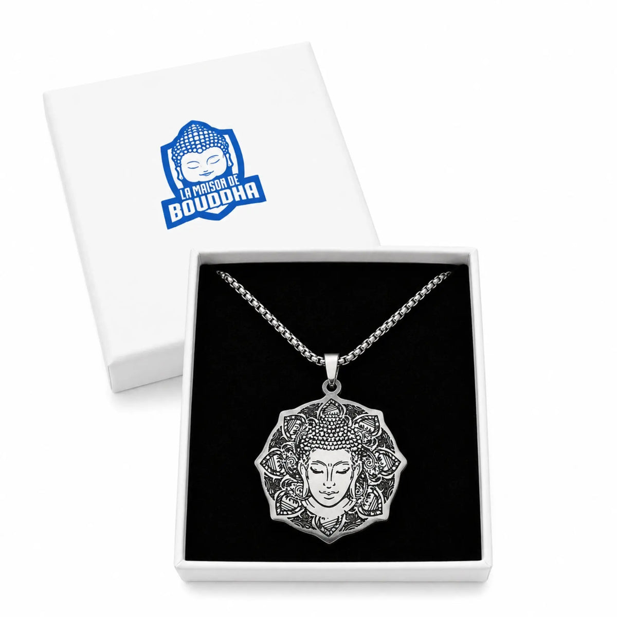Collier zen Bouddha argenté avec pendentif floral style mandala  La Maison de Bouddha
