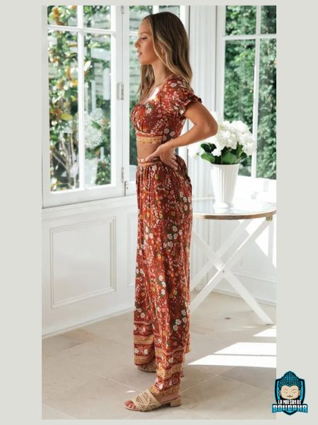 Ensemble-Fleuri-Femme-Pantalon-Orange-a-fleurs-blanches-et-haut-court-a-manches-courtes-froncees-decollete-rectangulaire-coton-et-fibre-synthetique-ceinture-en-tissu-pantalon-fluide