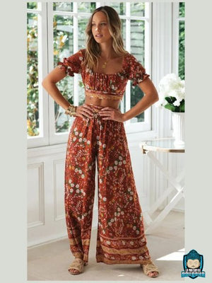 Ensemble-Fleuri-Femme-Pantalon-Orange-a-fleurs-blanches-et-haut-court-a-manches-courtes-froncees-decollete-rectangulaire-coton-et-fibre-synthetique-ceinture-en-tissu-tenue-ethnique