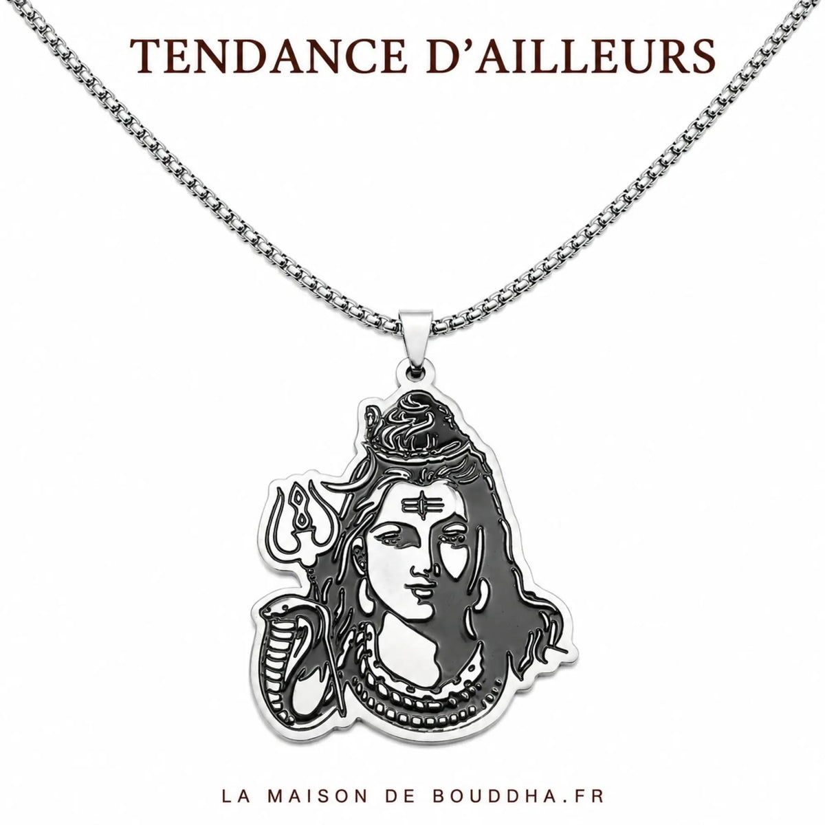 Le Collier de Shiva Parvati argenté avec serpent et trident  La Maison de Bouddha