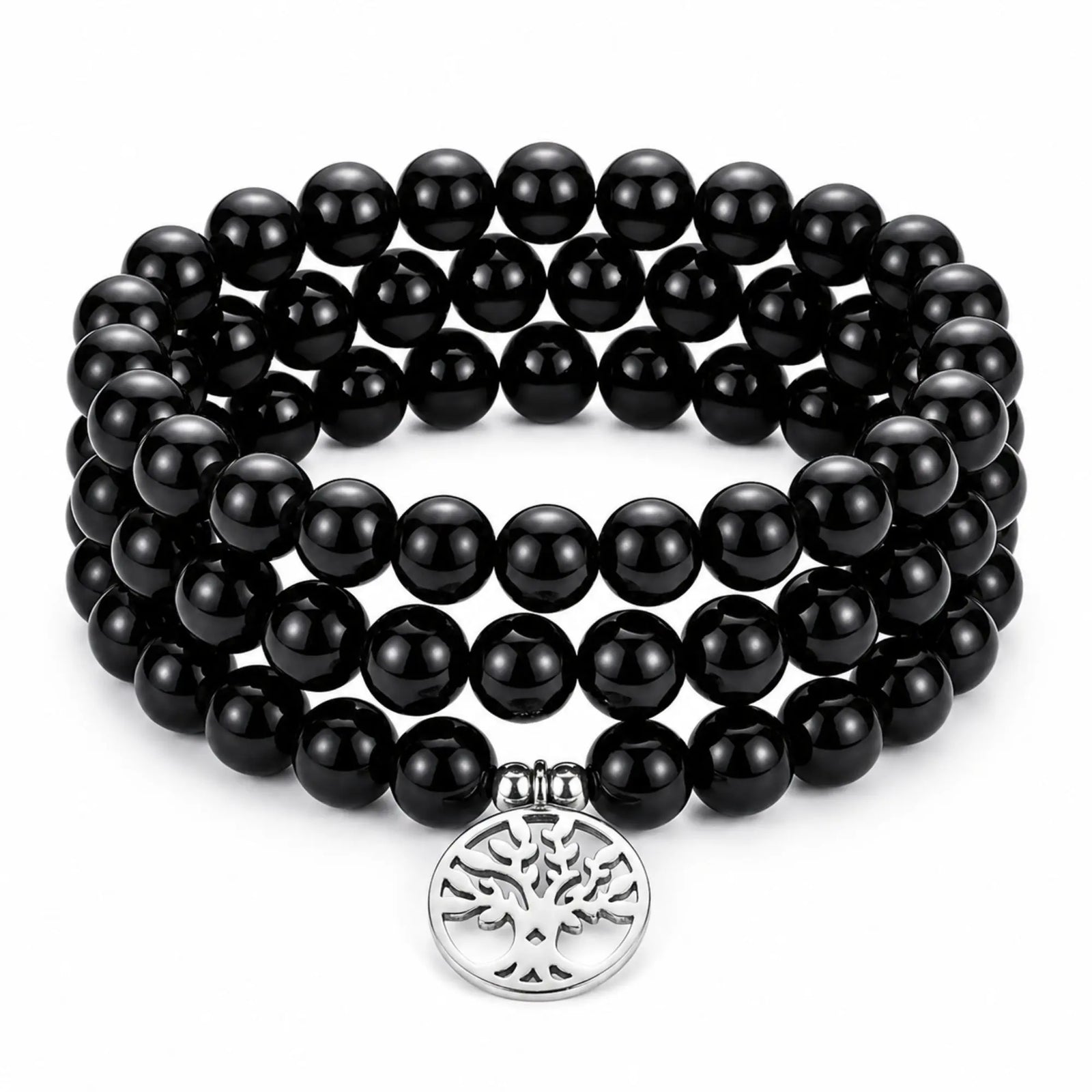 Mala Onyx Noir Naturel 108 Perles 8 mm – Arbre de Vie – Fabrication Française Mala Tibétain La Maison de Bouddha
